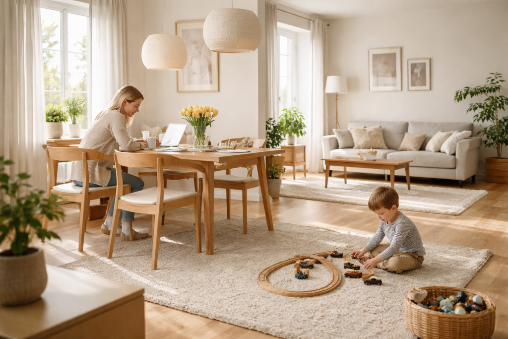Stemningsbillede, der viser slutresultatet: en lys, indflytningsklar dansk bolig med fokus på trivsel efter renovering – fx en familie, der bruger rummet afslappet uden at posere.