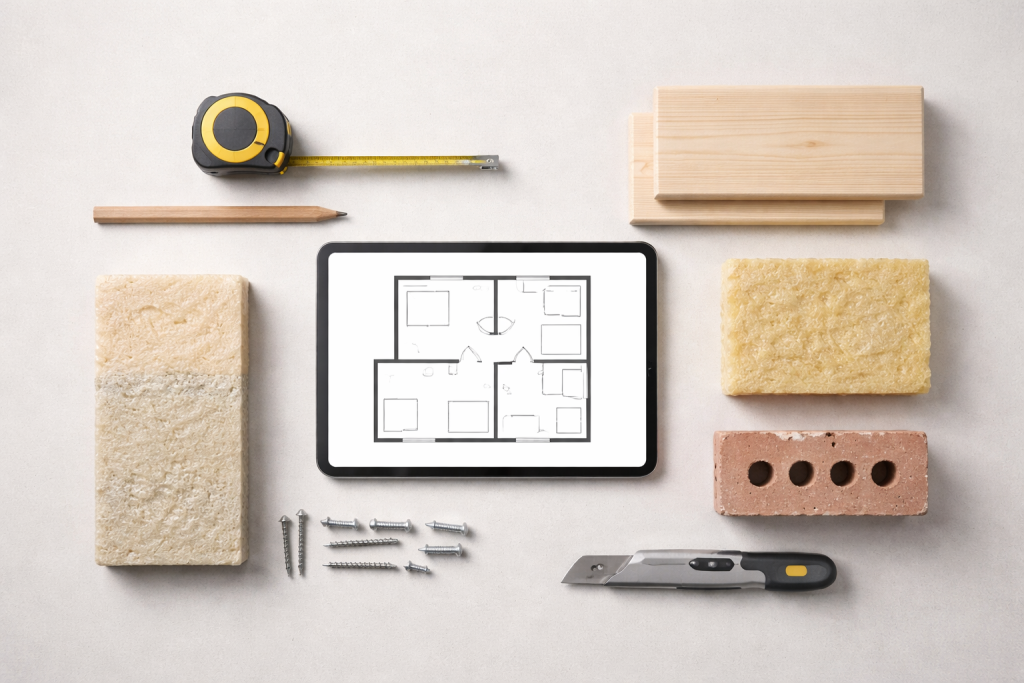 Standard headerbillede til blogindlæg om byggeri og renovering: en samling af byggematerialer, værktøj og en tablet med tegninger, set ovenfra på et neutralt underlag.