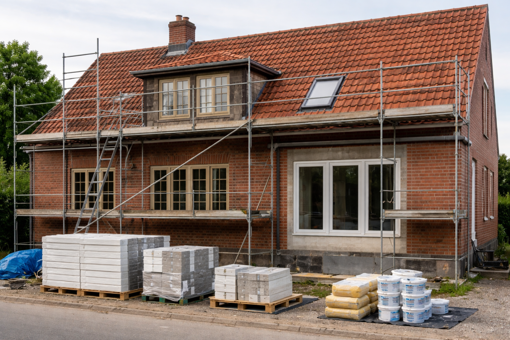 Servicebillede til indhold om boligrenovering: et klassisk dansk murstenshus, hvor facaden er under opdatering med stillads, nye vinduer og materialer synlige.